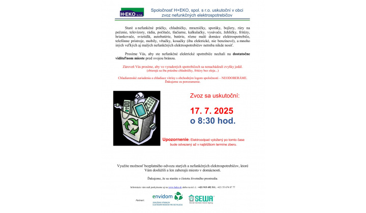Zber elektroodpadu 17.7. 2025 (štvrtok) v čase o 8:30 hod.