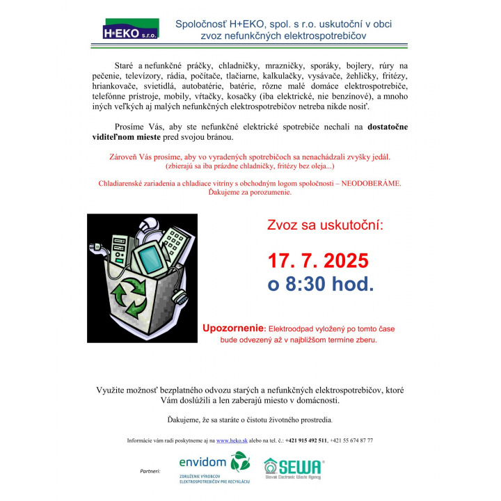 Zber elektroodpadu 17.7. 2025 (štvrtok) v čase o 8:30 hod.